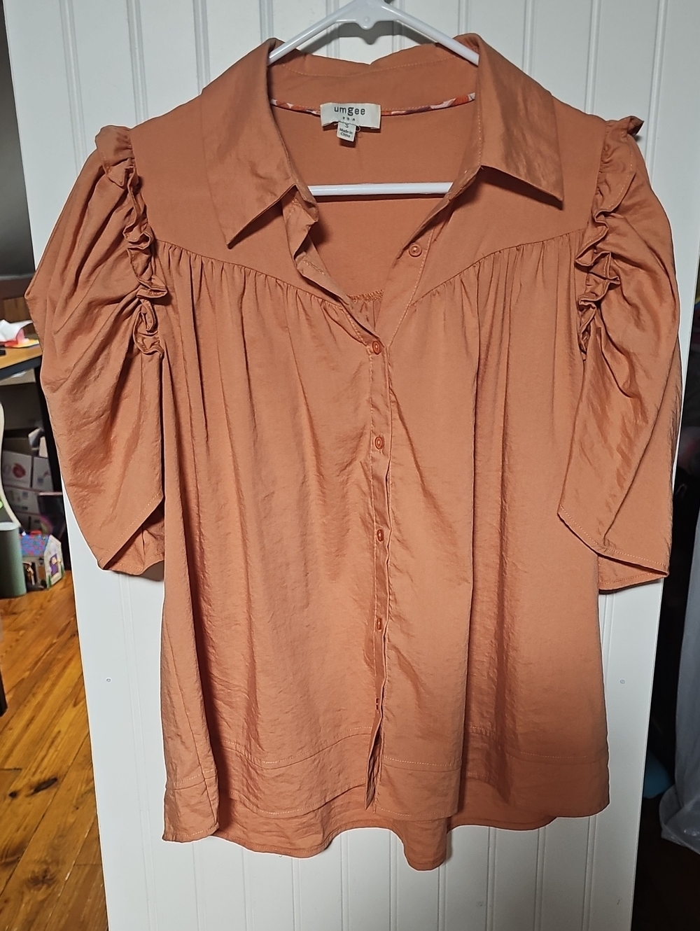 Umgee Terracotta Button-Front Puff Sleeve Shirt Oversized